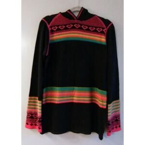 OBERMEYER Women Knit Black Rainbow Striped Hearts Hoodie Pullover Sweater Medium